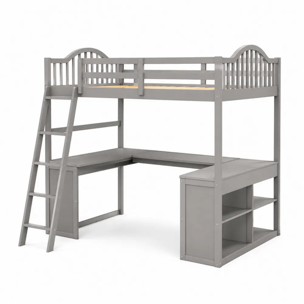 Holzbett mit Tisch L-Form Grau 200x90 cm