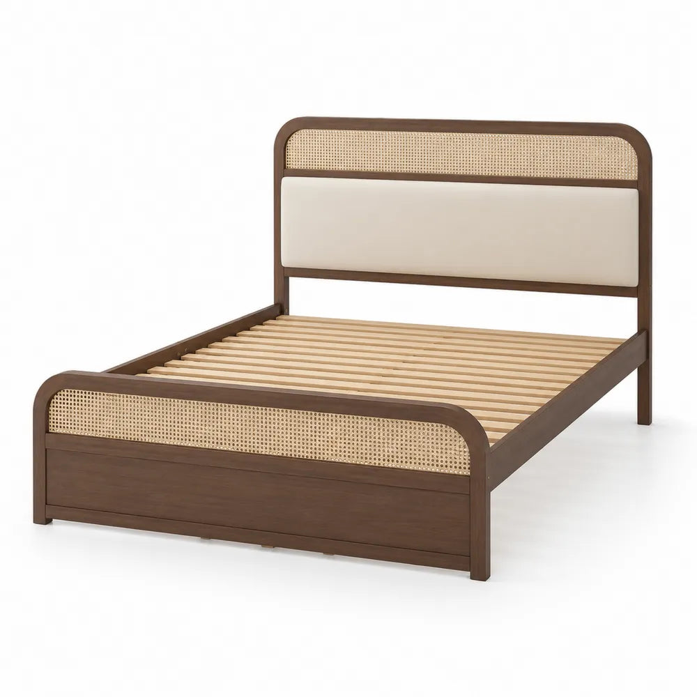 Holzbett mit Rattan und Polsterung, 160x200 cm, Braun/Creme