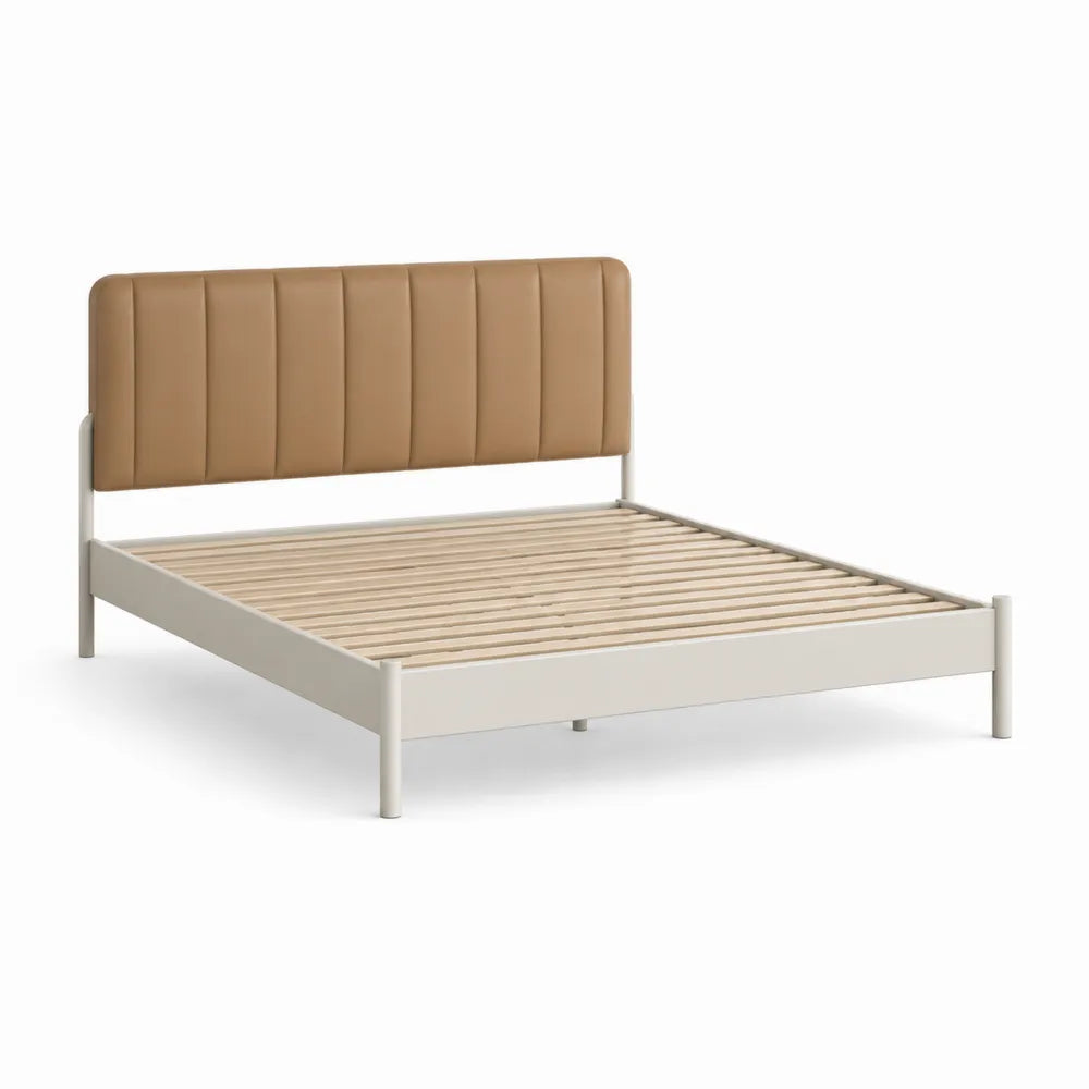 Metallbett mit Kunstlederkopfteil in Beige und Weiß 200x140 cm