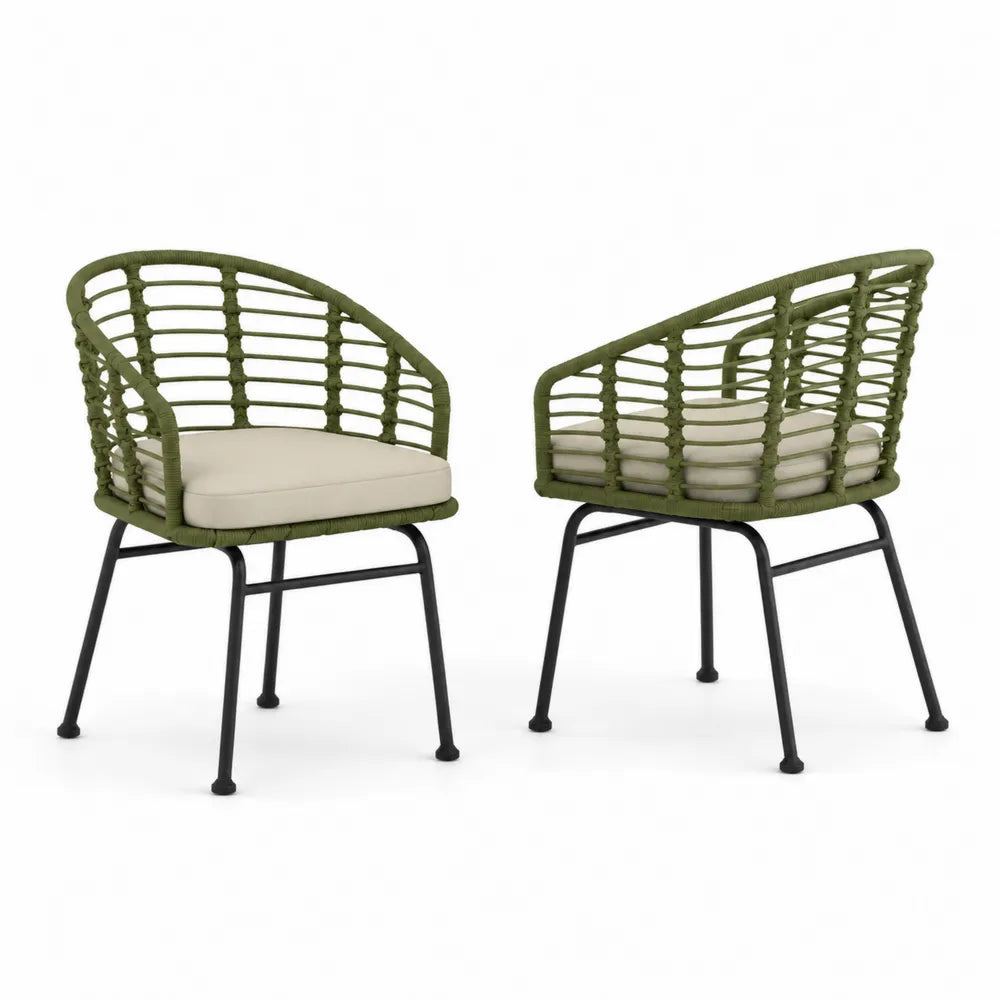 2er Set Gartenstuhl aus Polyrattan und Stahl, Olivgrün und Beige