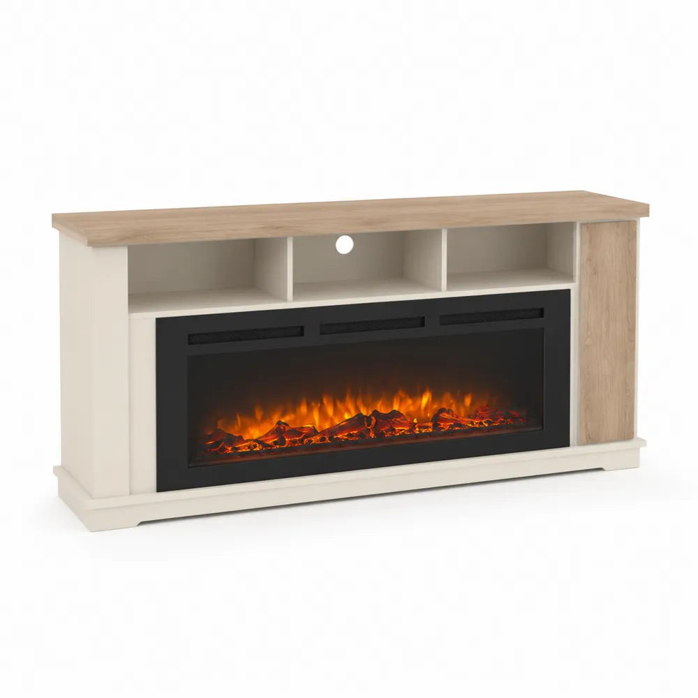 Wandkamin TV-Schrank MDF Weiß/Braun mit Elektrischem Kamin 150x40x70cm