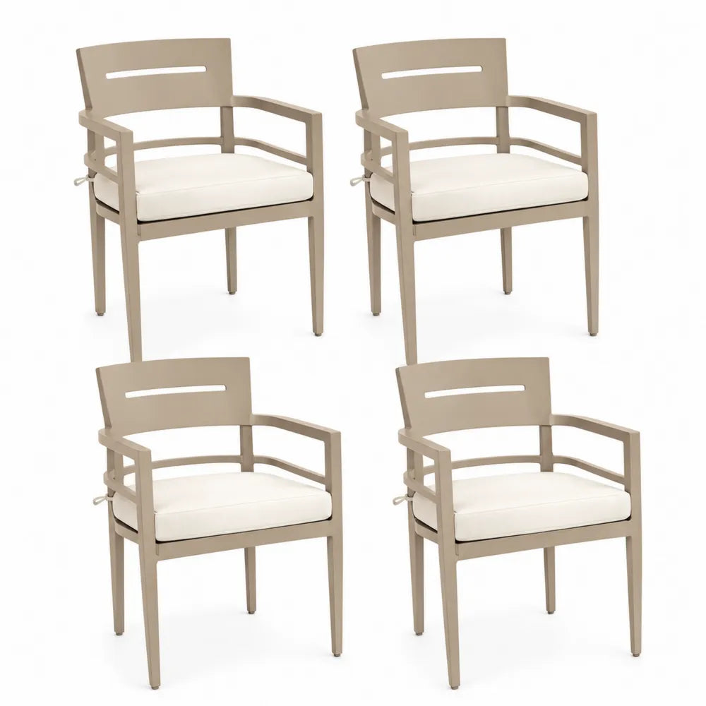 4er Set Outdoor Stühle Aluminium Beige mit Polyesterkissen Weiß